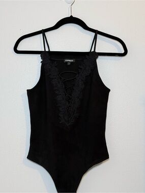 Express Black Lace-Up Floral Trim Bodysuit